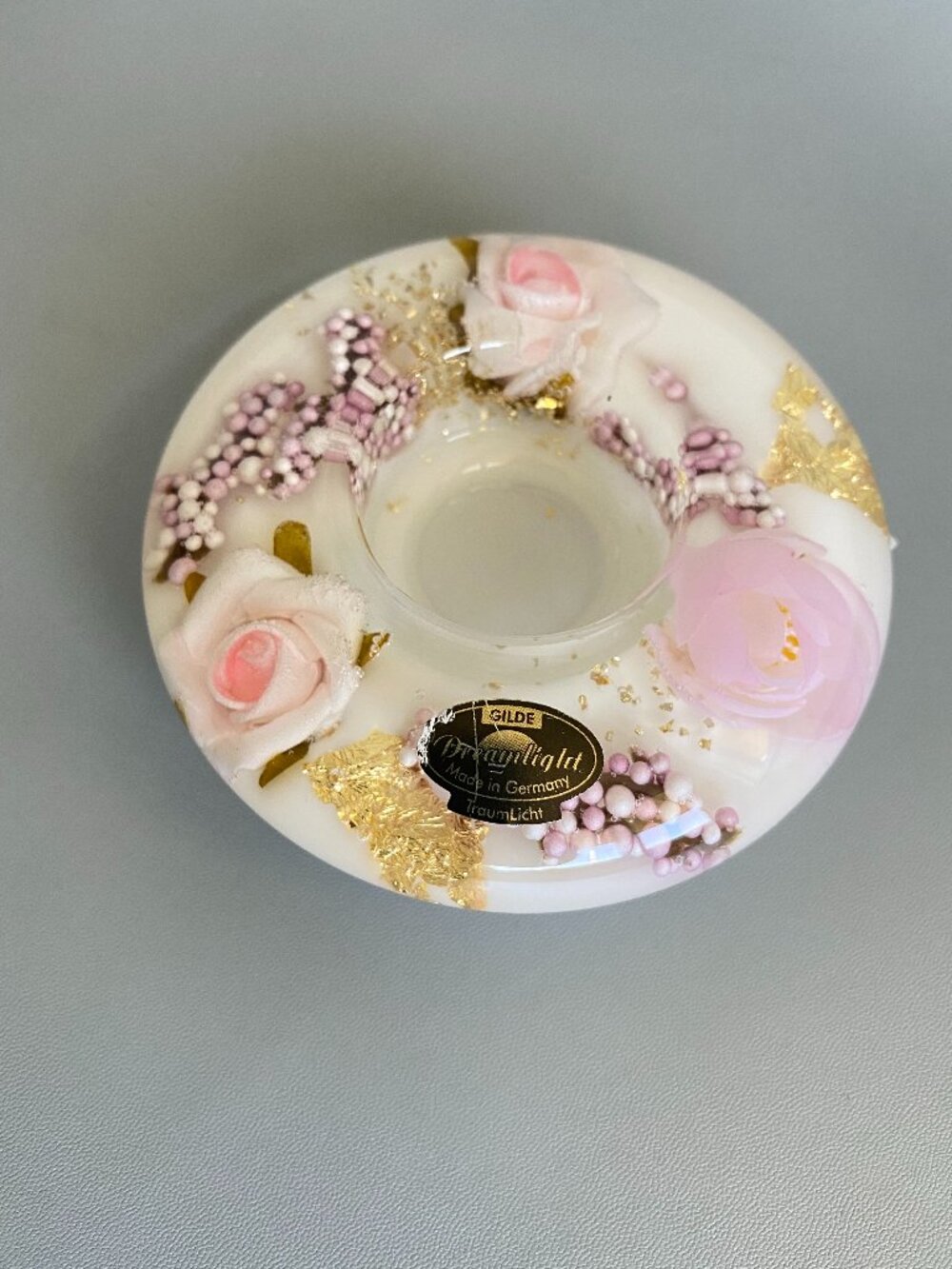 New Gilde Dreamlight Germany Pink Rose Floral Gold Tealight Candle Holder